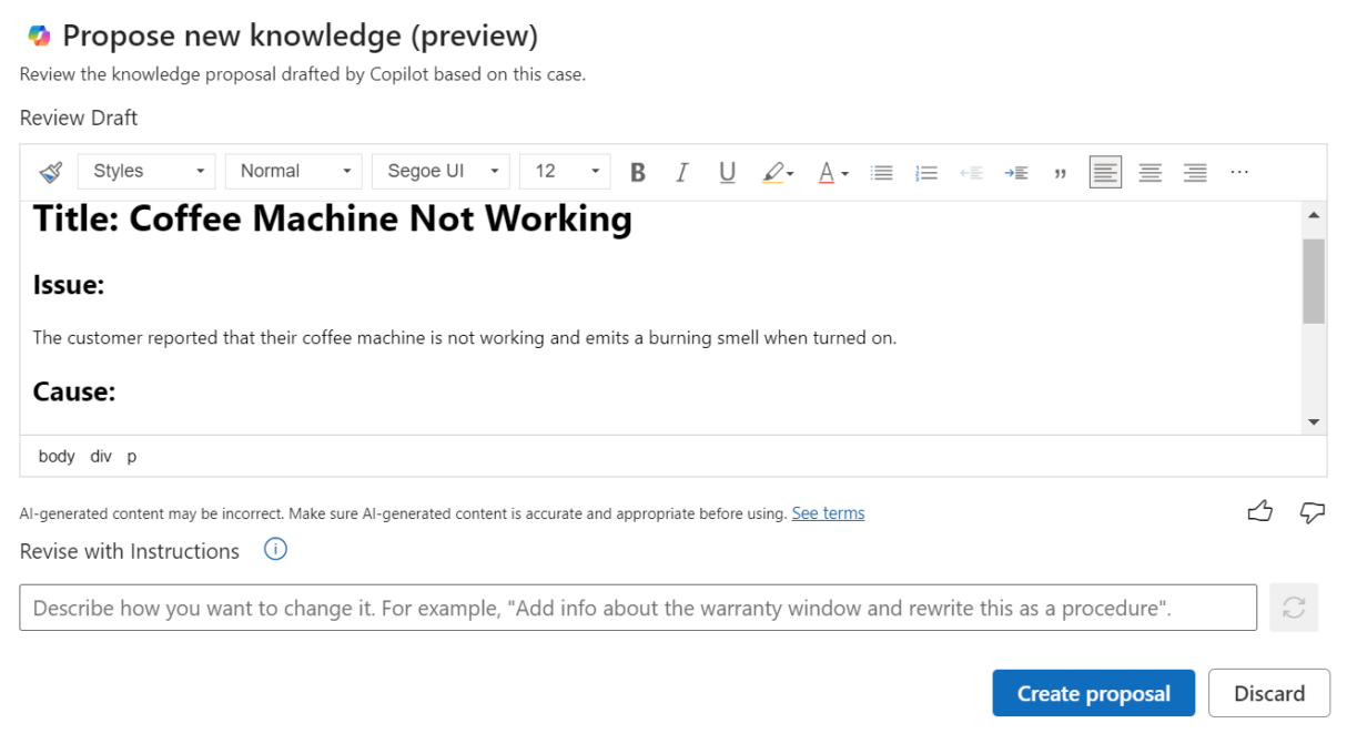 Copilot to propose Knowledge article from a case