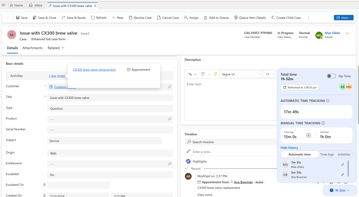 Time tracking for cases in customer service