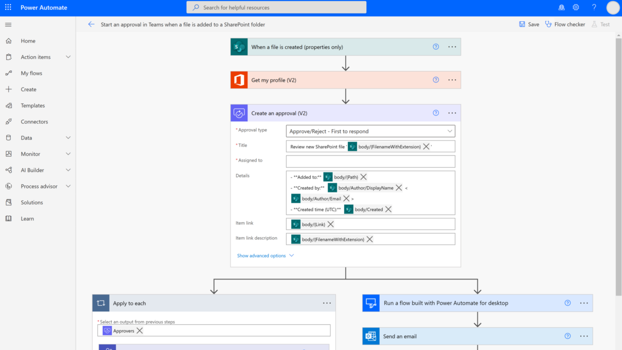 Example of creating a flow with Microsoft SharePoint and Teams apps